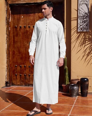 NANAMEEI Men's Linen Kaftan Thobe Long Sleeve Robe Button Down Casual Muslim Clothes With Pocket in Kuwait