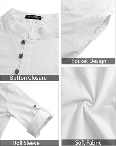 NANAMEEI Men's Linen Kaftan Thobe Long Sleeve Robe Button Down Casual Muslim Clothes With Pocket in Kuwait