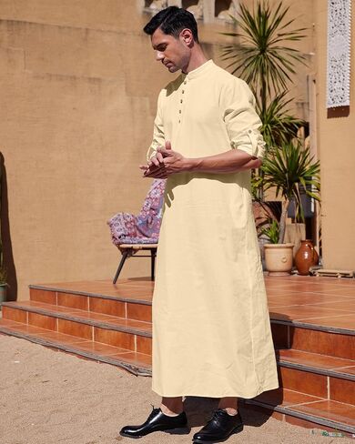 NANAMEEI Men's Linen Kaftan Thobe Long Sleeve Robe Button Down Casual Muslim Clothes With Pocket in Saudi Arabia
