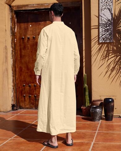 NANAMEEI Men's Linen Kaftan Thobe Long Sleeve Robe Button Down Casual Muslim Clothes With Pocket in Saudi Arabia