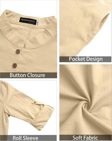 NANAMEEI Men's Linen Kaftan Thobe Long Sleeve Robe Button Down Casual Muslim Clothes With Pocket in Saudi Arabia