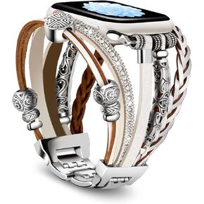 Bracelet Work for Apple Watch Bands 40mm 38mm 41mm Women, Boho Chic Leather Strap for Apple Watch Band with Silver Metal Buckle, Multilayer Wrap for iWatch Series 10(42mm) 9 8 7 6 SE 5 4 3 White