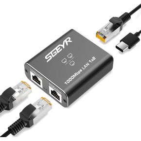 SGEYR Ethernet Splitter 1 to 2, 1000Mbps High Speed RJ45 Internet Splitter, Ultra Slim, Integrally Molded Aluminum Case Gigabit LAN Splitter with USB-C Power Cable, for Cat5/5e/6/7/8 Cable