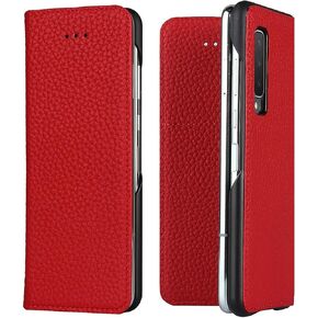 iCoverCase Designed for Samsung Galaxy Fold Case (2019) Wallet Case, Genuine Leather Case with Card Slots Kickstand Feature Flip Cover Case (Red)
