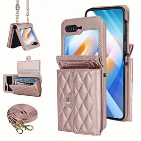 Phone Case for Samsung Galaxy Z Flip 5, Crossbody Wallet Phone Cover with Card Holders Cash Slot Wristlet Strap, Fashion Leather Handbag Flip 5 Phone Case for Women Girls (Rose Gold)
