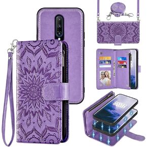 Phone Case for OnePlus 7 Pro 5G Zipper Wallet Magnetic Detachable Cell Cover with Screen Protector Crossbody Lanyard Strap Flip Card Holder One Plus 1+7 1Plus OnePlus7 7Pro One+ 1 + Seven Purple