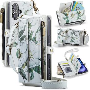 for iPhone 16 Plus Case Wallet with RFID Blocking Card Holder Colored Drawing PU Leather Magnetic Snap Flip Zipper Strap Wallet Phone Case Fit for iPhone 16 Plus,Leaf