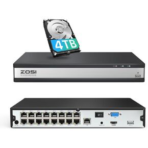 ZOSI 4K 16CH PoE NVR with 4TB HDD, 16 Channel 8MP Surveillance Network Video Recorder System for 24/7 Recording, Only Work with ZOSI 4K/5MP/4MP/3MP HD ZOSI PoE Security Cameras