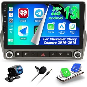 CAMECHO 2+64G Android 13 Car Stereo for Chevrolet Chevy Camaro 2010-2015, Wireless CarPlay Radio & Android Auto Car Radio, 9" Touch Screen in-Dash GPS with Bluetooth WiFi RDS SWC Mirror Link