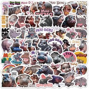 60Pcs Moo Deng Hippo Stickers, Water Bottle Stickers for Kids,Trendy Cute Vinyl Waterproof Stickers Pack Laptop Sticker Pack for Skateboard Luggage Car Water Cup Stickers