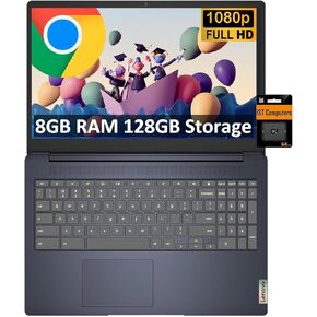 Lenovo Chromebook 15 Ideapad 3i (15.6" FHD, 8GB RAM, 128GB Storage (64GB eMMC + 64GB SD Card), Intel Celeron), Home & Student Laptop, Numeric KB, Webcam, 10-Hr Long Battery Life, Chrome OS, Abyss Blue