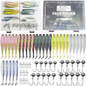 62Pcs Fishing Soft Lures with Jig Hooks Kit, Swimbait Paddle Tail with UV Luminous Effect Round Jig Heads for Bass Trout Pike Walleye Crappie