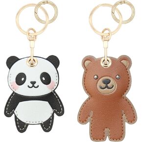 2 Pack for Airtag Cute Keychain Holder, Kawaii Leather Bear Panda Key Ring Hidden Case Cover for Women