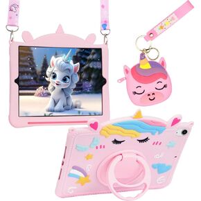 for iPad 10th Generation Case, iPad 10.9 inch case for Kids Girls with Shoulder Strap Soft Wallet Pencil Holder Rotatable Stand, Cute Unicorn Cover for iPad 10th Gen 10.9'' 2022(Pink)