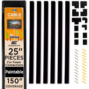 Simple Cord Cable Concealer On-Wall Cord Covers with 6, 25" Raceways – 150" Cable Management System Hides Cords, Wires for Wall TVs, Computers – Black
