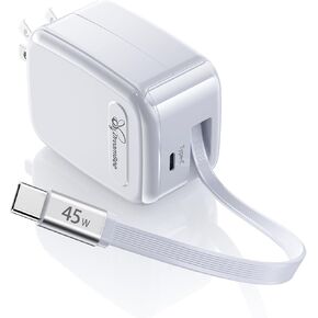 45W Retractable Wall Charger, GaN6 Fast Charger with 45W Retractable Type-C Cable and Type-C Port, Portable Retractable Charger Wall Plug for iPhone 16/15 Pro Max/iPad/Galaxy/Pixel