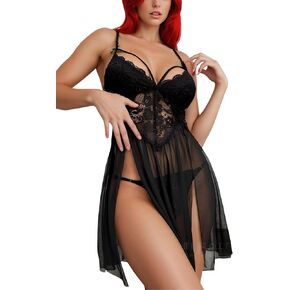 Babydoll Lingerie and Lace Trim Robe Pajama with Belt - Sexy Outfits for Women