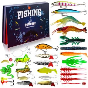 Fishing Lure Advent Calendar, 24 Unique Lures Countdown - Surprise Gift Fishing Bait Christmas Advent Calendar 2025 Fishing Gift for Fishermen Adult Teen Boys Mystery Tackle Box Surprise