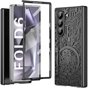 for Samsung Galaxy Z Fold 6 Case with Mechanical Legend Pattern, Front Screen Protector - Sleek Design, Holographic Texture, Plating Folding Completely 360 Full Protection.(Black)