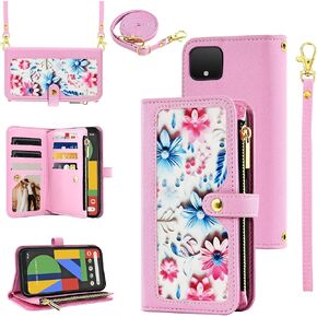 Floral Wallet Case for Google Pixel 4 XL with Wrist Strap Shoulder Strap Flip Zipper Purse, Luxury PU Leather Credit ID Card Holder Stand Phone Cover for Pixle 4XL Pixel4XL 4LX LX Women Pink