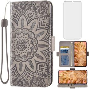 Asuwish Phone Case for Google Pixel 8 5G Wallet Cell Cover with Screen Protector Lanyard Wrist Strap Mandala Flower Flip Zipper Folio Purse Wrist Card Holder Slot Stand Pixel8 Eight Women Girls Gray