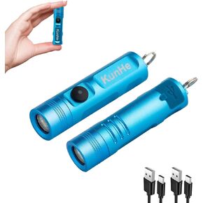 KunHe 2 Pack Blue Rechargeable Keychain Flashlight Portable Small Mini Flashlight EDC Pocket Flashlight, 300 Lumens for Home, Hiking, Unlocking Doors, Walking Dogs, Wallet