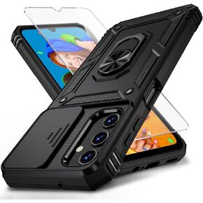 for Samsung Galaxy A25 5G Case with Slide Lens Cover, HD Screen Protector, Military Grade Drop Protection, Magnetic Rotated Ring Holder Kickstand Phone Case for Samsung Galaxy A25 5G (Black)