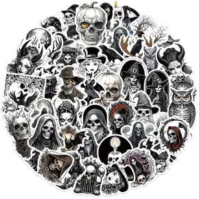 50Pcs Gothic Stickers Pack Black and White Skull Decals for Laptop, Skateboard, Journal, Scrapbooking, Water Bottle, Hydro Flask, Computer, Waterproof Vinyl Graffiti Stickers