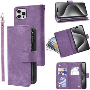 Wallet Case for iPhone 16 Pro 6.3 inch with Wrist Strap Lanyard and Premium Vintage Leather Flip Credit Card Holder Stand Accessories Cell Phone Cover for i Phone16 i16 16Pro Women Men Purple