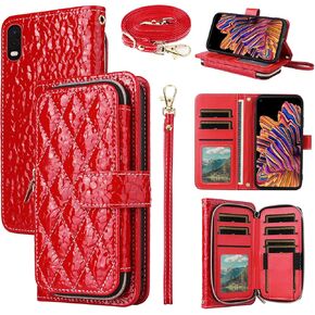 Argyle Wallet Case for Samsung Galaxy Xcover Pro with Crossbody/Wrist Strap Lanyard Luxury PU Leather Kickstand Zipper Purse Shockproof Cell Phone Cover for X SM-G715U SM-G715U1 Women Men Red