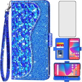 Asuwish Phone Case for BLU G91/V91 Wallet Cover with Tempered Glass Screen Protector and Wrist Strap Flip Credit Card Holder Bling Glitter Stand Cell Accessories Blue G 91 G0410WW Women Girls Blue