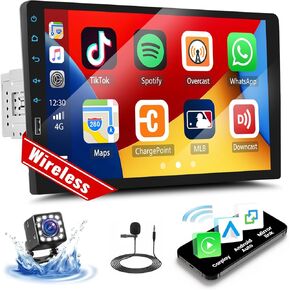 UNITOPSCI 9 Inch Single Din Wireless Apple CarPlay Android Auto Car Stereo Touch Screen Bluetooth FM Car Radio Receiver Mirror Link USB Playback DVR Input with Backup Camera Mic