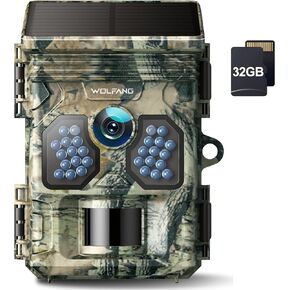 WOLFANG Solar Trail Camera 4K 48MP, Rechargeable Wildlife Camera with Night Vision Motion Activated 0.1s Trigger Time IP66 Waterproof Game Camera for Wildlife Monitoring with U3 32GB Micro SD Card