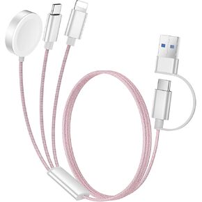 Temdan for Apple Watch Charger,3 in 2 USB C Cable for iPhone 16 Charger/Type C/Lightning Nylon Braided Multi Charging Cable Travel Essentials Compatible with iWatch Ultra/SE/10-1&iPhone 16-12-4FT Pink