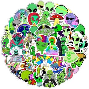 50PCS UFO Stickers, Alien Stickers for Water Bottle and Laptop - UFO Party Favors & Decorations, Waterproof Vinyl Decals, Space and Fun Stickers Cool Teen Graffiti Trendy Decals (Alien)