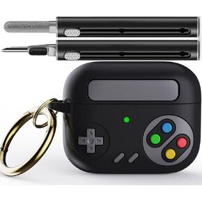 for AirPods Pro(2nd Generation/1st Generation)，Retro Game Console Style Protective Silicone Cover with Keychain, Compatible with Apple AirPods Pro 2, Black