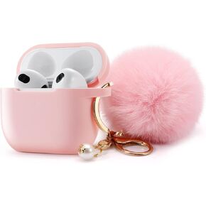 Protective Case Cover for Airpods 4th Generation Charging Case, Soft Silicone Case with Cute Fluffy Ball Pom Pom and Keychain Kit (Pink)