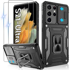 Gritup for Galaxy-S21-Ultra-Case with Slide Camera Cover + [HD Screen Protector×2], 360° Metal Rotated Kickstand,Military Grade Shockproof Protective Cover Case for Samsung S21 Ultra,Black