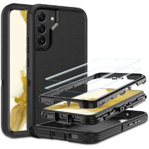 for Samsung Galaxy S22 Case, Galaxy S22 Case with [2 Pack] HD Screen Protector, [Military-Grade] Shockproof Dust/Drop Proof 3-Layer Full Body Protection Heavy Duty Case for Samsung S22, Black