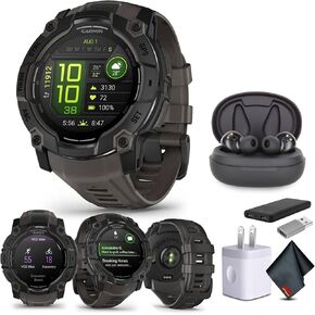 Garmin Instinct 3 45mm AMOLED Display Outdoor GPS Smartwatch, Metal-Reinforced Bezel, Built-in Flashlight, 18 Days Battery Life, Black (010-02936-00) with Earbuds Bundle