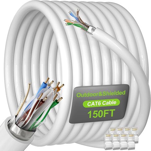 Cat 6 Outdoor Ethernet Cable 150ft (8 RJ45) ، Cat 6 Ethernet Cable Bulk 150 FT ، Huffice 23 AWG ، Direct Burial ، مقاوم للماء ، مقاوم للأشعة فوق البنفسجية ، كابل شبكة الإنترنت لألعاب جهاز التوجيه ، CCA in Kuwait