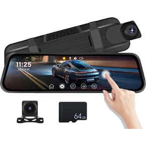 Camecho Mirror Dash Cam ، 9.66 "شاشة تعمل باللمس الأمامي والخلفي الكاميرا المرآة للسيارة ، وكاميرات داشية الأمامية والخلفية ، ورؤية ليلية فائقة ، ومراقبة وقوف السيارات ، وكاميرا النسخ الاحتياطي العكسي+64 جيجابايت TF