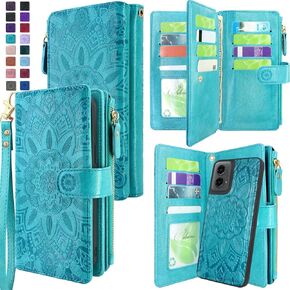 Harryshell Detachable Wallet Leather Case Compatible with Motorola Moto G 5G 2024 Magnetic Phone Case Zipper with Cash Coin Pocket Multi Card Slots Holder Wrist Strap Lanyard (Flower Blue Green)