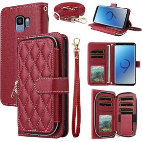 Argyle Wallet Case for Samsung Galaxy S9 with Wrist Strap Shoulder Strap, Zipper PU Leather Flip Credit Card Holder Stand Accessories Cell Phone Cover for S 9 Edge 9S GS9 Women Girls Red
