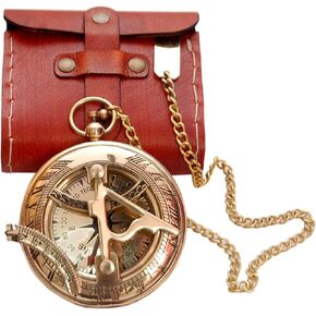 Vintage Brass Sundial Compass with Leather Case - Antique Brass & Copper Sun Clock for Camping, Hiking, Touring - Engraved Gift for Him - Nautical Ship Replica Watch - Sundial Clock in Box