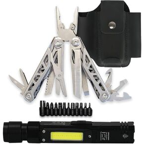EPG Heavy Duty Multitool Bundle: Leather Case, Multi-Function Flashlight, Screwdriver Bits, 18 Stainless Steel Locking Tools, EDC Gear with Pliers, Bottle Opener, Box Cutter and More, Fits in Pocket