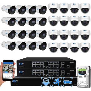 GW Security 32 Channel 12MP NVR UltraHD 4K (3840x2160) PoE Security Camera System with 16 Bullet and 16 Dome 4K (8MP) IP Microphone AI Camera, 100ft Night Vision, Outdoor/Indoor Surveillance Camera