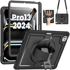 SEYMAC for iPad Pro 13 Inch Case 2024(M4), Full-Body Shockproof Protective Case with Screen Protector, 360° Rotating Stand and Adjustable Hand/Shoulder Strap, Pencil Holder, Black