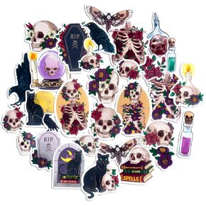 Navy Peony Eerie Gothic Skull Stickers (30 Pieces) - Witchy, Horror Themed, Waterproof | Scary Halloween Stickers for Laptop, Water Bottle, Phone Case