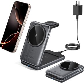 Upgraded Metallic 3-in-1 Wireless Charger for iPhone,Travel Wireless Charger Stand Foldable Wireless Charging Station Compatible with Magsafe Charger